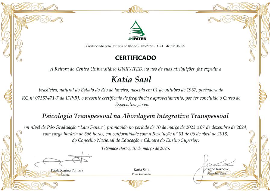 Certificado de Pós-Graduação em Psicologia Transpessoal (AIT)
